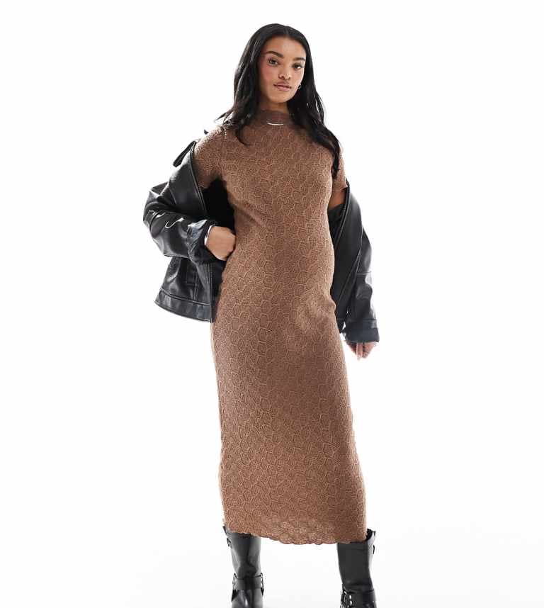 Mamalicious texturerad jerseykjol midi med salladskant i brunt från Mamalicious