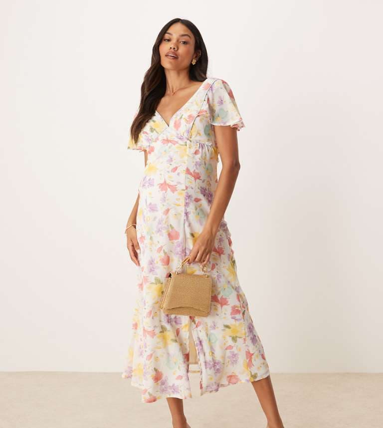 ASOS DESIGN Gravid sömdetalj midi teklänning i pastellblommig design från ASOS Maternity