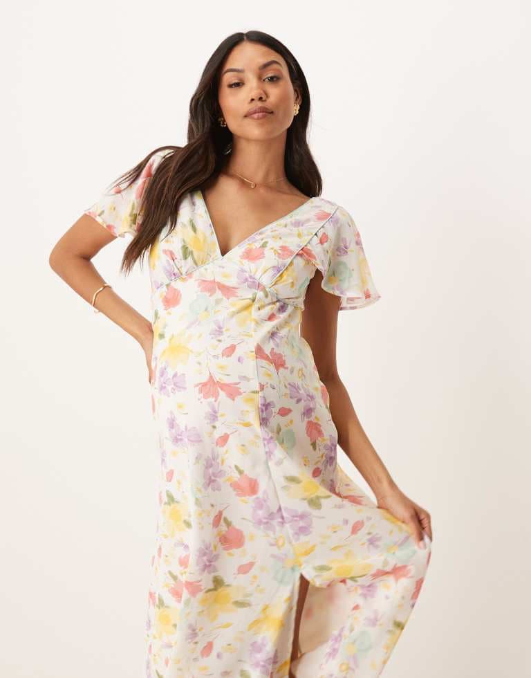 ASOS DESIGN Gravid sömdetalj midi teklänning i pastellblommig design från ASOS Maternity - bild 2